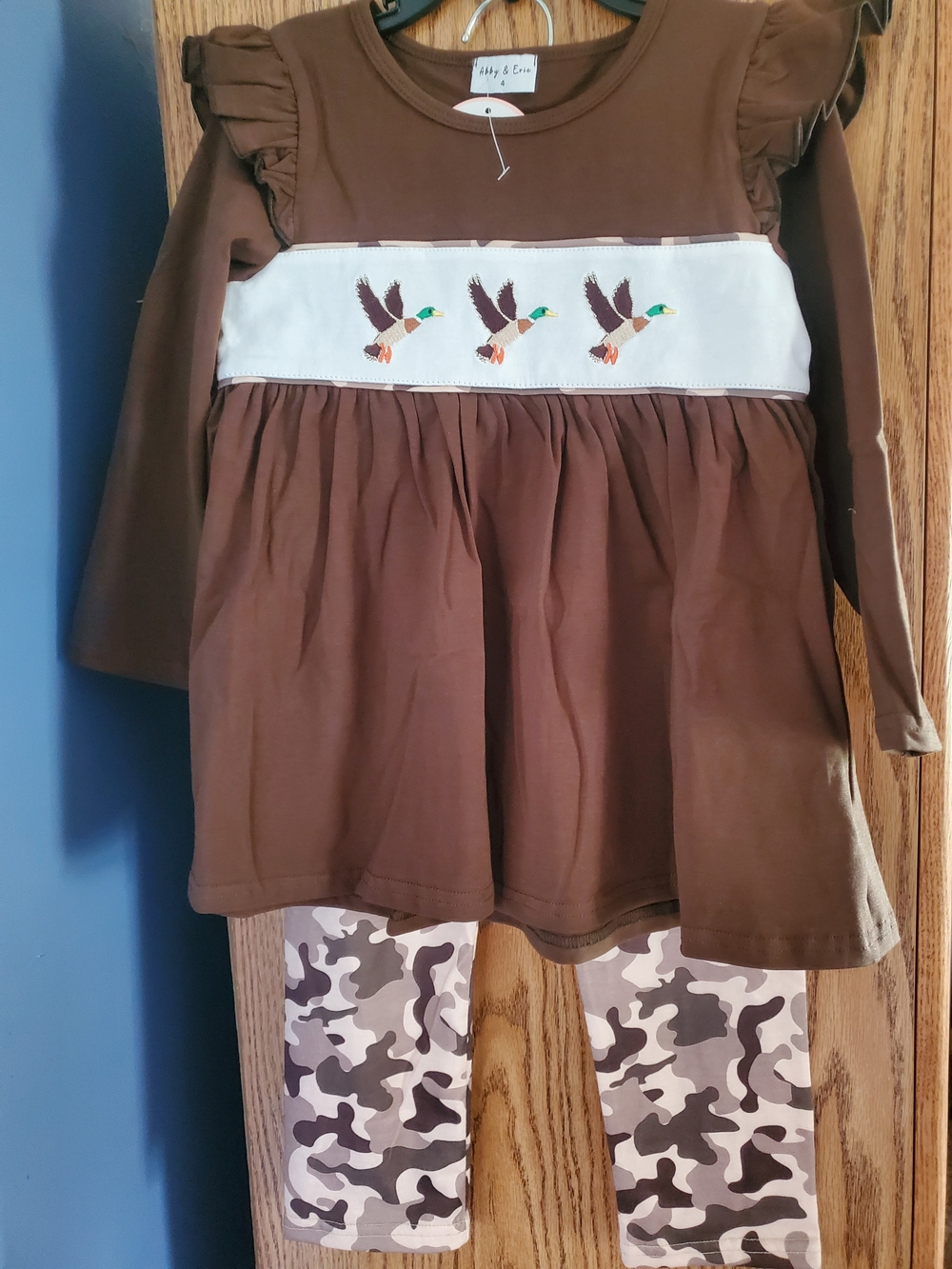Brown Duck Smocked Girls Set with Camo Leggings